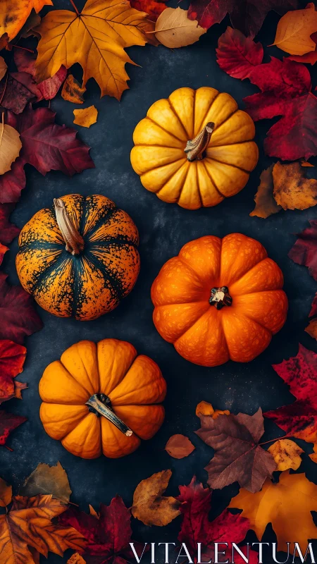 Autumn pumpkins rest among colorful fallen leaves on slate