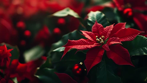 Red poinsettia flower sits in focus among dark foliage