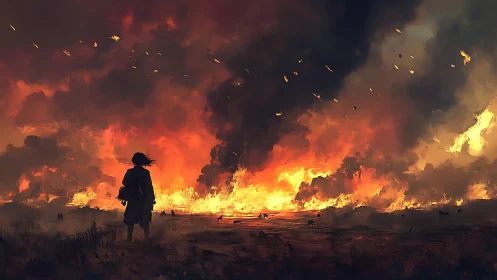 Figure observing large-scale fire across expansive landscape terrain.