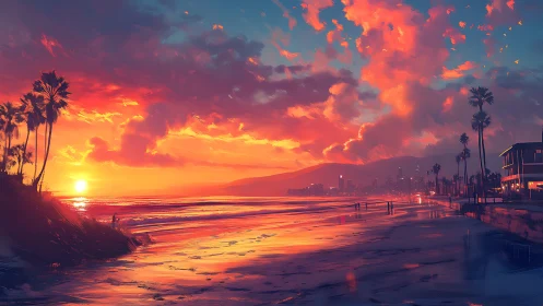 Sunset firestorm washes a neon city shore in molten light.