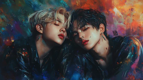 Dual portrait of stylized youths in vivid abstract setting.