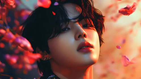 Velvet petals orbit a luminous, soft-lit digital muse