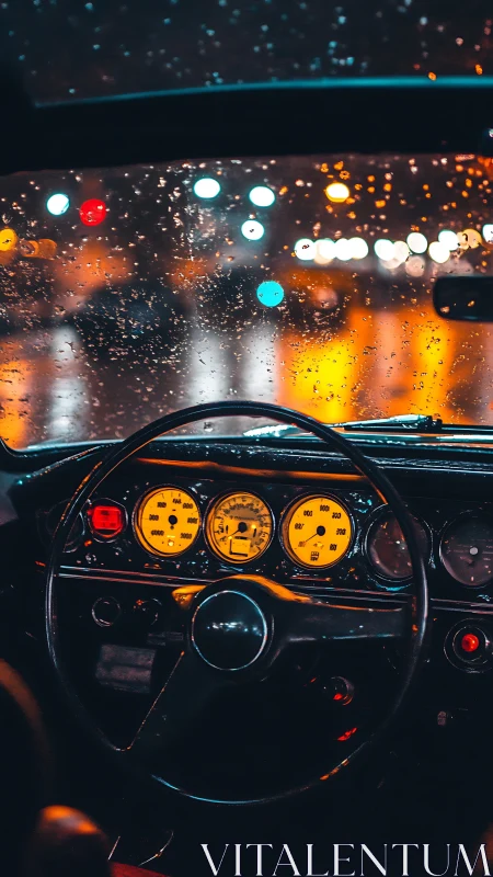 Vintage car dashboard glows against rainy night bokeh city