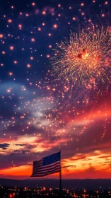 Pyrotechnic skyfield over sunset horizon and flag silhouette.