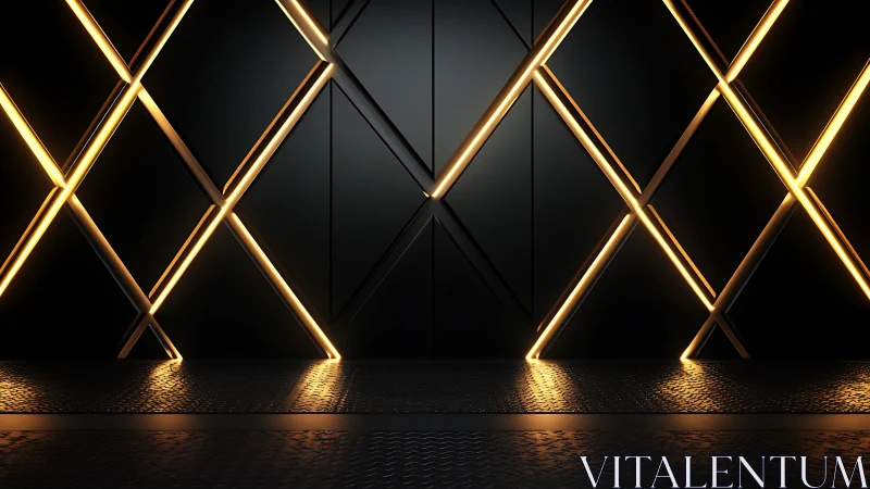 Golden lattice glow on sleek futuristic black wall.