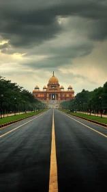 Symmetrical roadway leading to domed palace under storm sky.