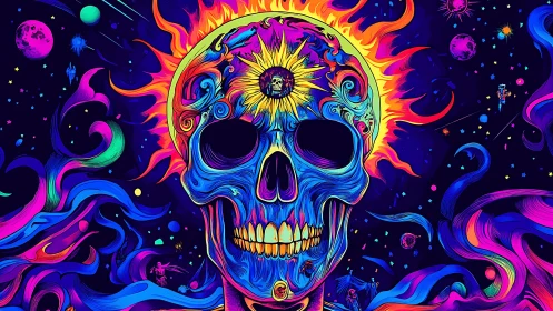 Neon cosmic skull blazing with solar psychedelic energy.