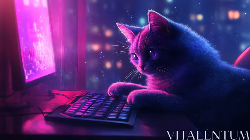 Neon Cat at Gaming Terminal: Digital Art Cyberpunk Scene.
