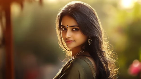 Sunlit portrait of elegant woman in green traditional dress.