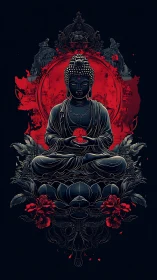 Central seated Buddha figure is framed by red circular mandala