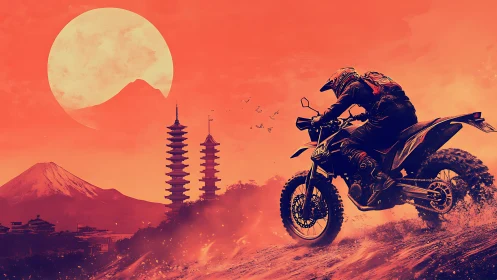Motorcyclist on dirt track before pagodas and large sun.