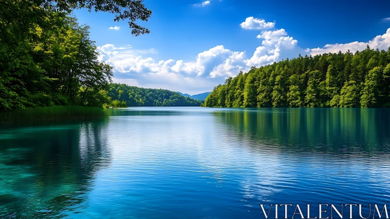 Calm forest lake under vivid blue sky with clouds reflection.