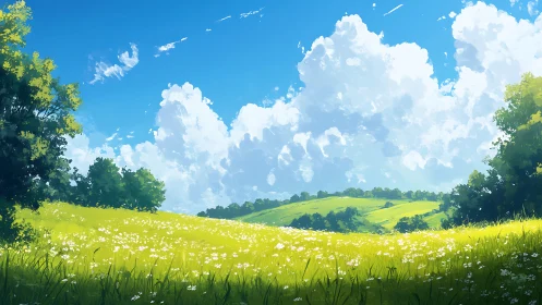 Digital landscape of sunlit meadow, trees and cloudscape.