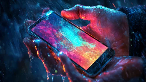 Wet smartphone in neon rainfall highlights screen durability performance