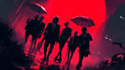 Rain soaked suit clad silhouettes under colossal red moon