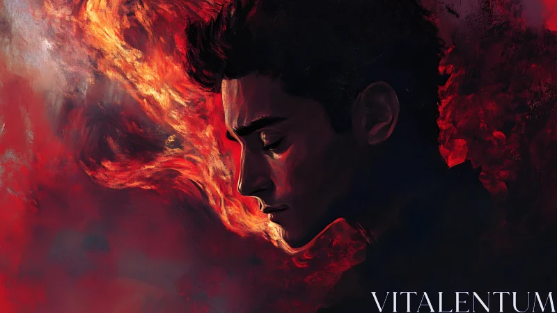 Somber male profile surrounded by swirling red fire.