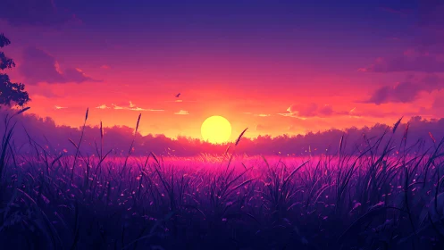 Digital sunset over grassy field with silhouetted plants.