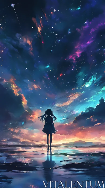 Celestial horizon with silhouetted girl in vivid anime sky.