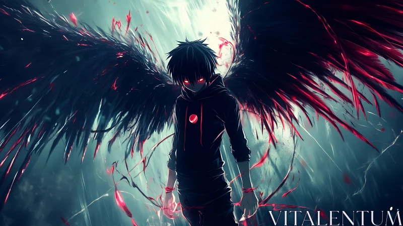 Midnight fallen angel ignites storm with neon-shadow wings.