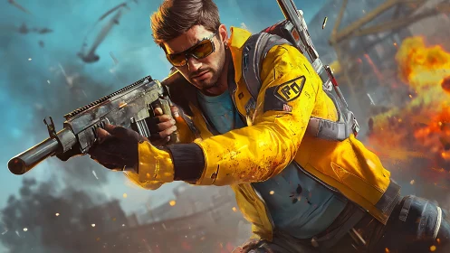 Cyber shooter hero in yellow tactical jacket mid-battle scene.