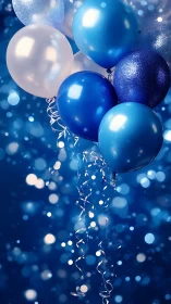Blue and white balloons with metallic ribbons on bokeh background.