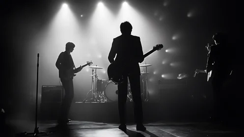 Silhouetted band stands on stage under focused backlighting