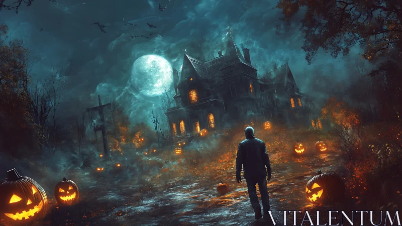 Lone figure approaches haunted mansion under blood moon