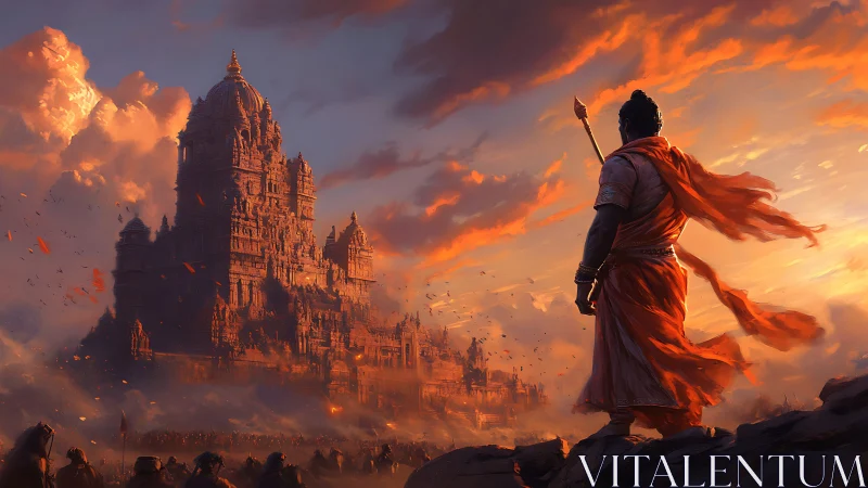 Heroic guardian overlooking a glowing ancient mountain temple.