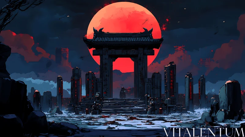 Ruined gate and stone pillars under large red moon.