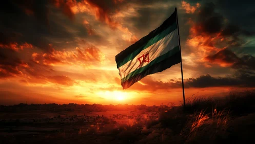 Wind-sculpted tricolor flag against high-contrast sunset skyline