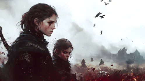 Battle-scarred sisters stand defiant in a burning wasteland