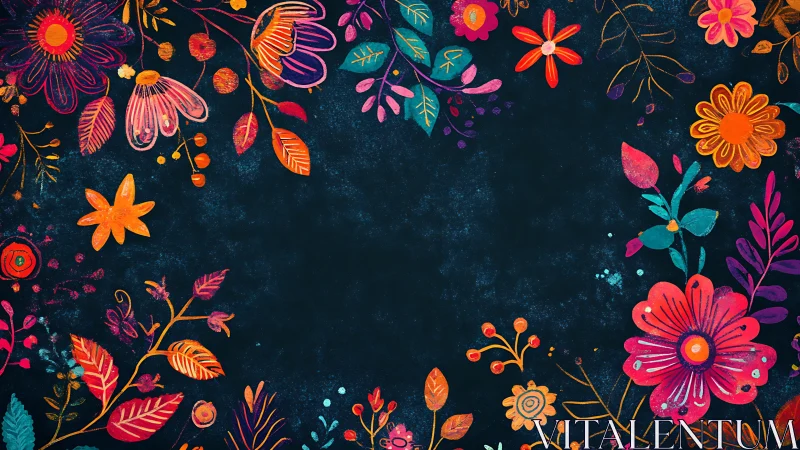 Vibrant Floral Vector Composition with Neon Botanical Elements on Dark Background