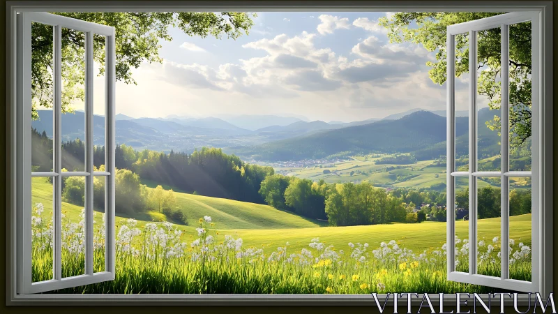 Open window framing luminous valley hills and wildflowers.