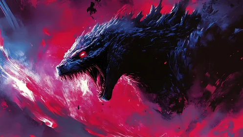 Roaring kaiju silhouette ignites a storm of neon fury.