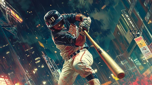 Midnight slugger carves neon streaks through a rainy city