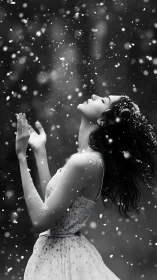 Snow-dusted dreamer tilts toward the sky in quiet wonder