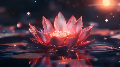 Luminous lotus bloom glows over dark reflective water.