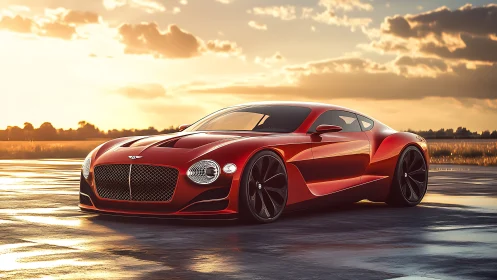 Sunlit red sports coupe glows warmly on a quiet runway