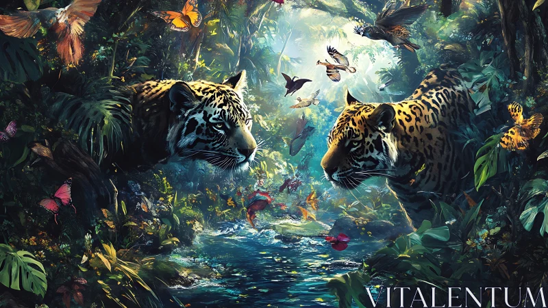 Two Jaguars Observe Mystical Jungle Stream with Flying Wildlife