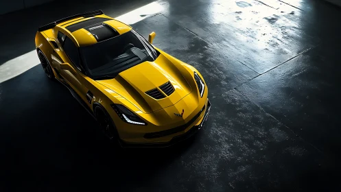 Overhead studio capture of yellow performance coupe aerodynamics.