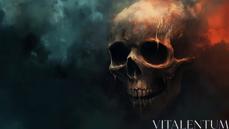 Brooding skull looms from swirling shadows and ember light.