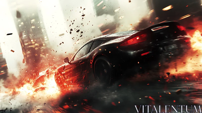 High-velocity supercar drift through incendiary urban debris.
