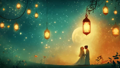 Two figures beneath suspended lanterns against full moon and twilight sky.