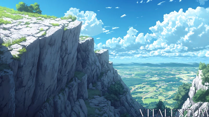 Rocky cliff escarpment above extensive rural plains.