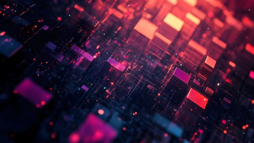 Futuristic digital cityscape in neon colors, abstract 3D art.