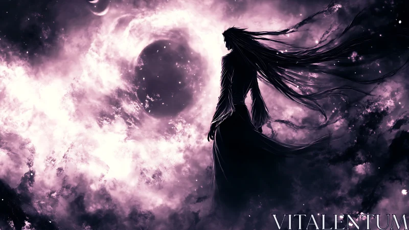 Celestial silhouette confronting turbulent violet cosmic vortex