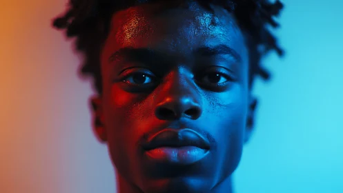 Portrait of young man in bold blue and red lighting.