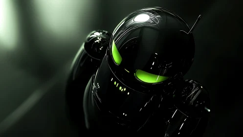 Curious glossy robot with glowing green eyes in shadow.
