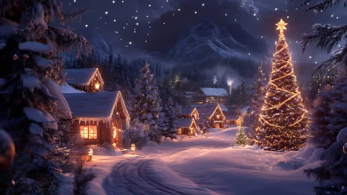 Snowy village hush curls beneath a glittering Christmas star
