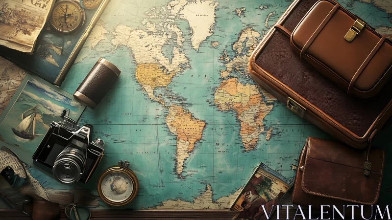 Vintage travel planning flat lay with world map and gear.